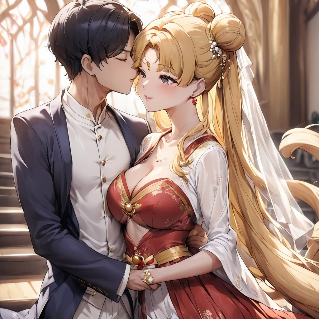 ((Highest quality)), ((masterpiece)), (detailed), (Perfect Face)、The woman is wearing a red wedding dress made of gold embroidered Hanfu fabric in a luxurious Chinese church. She is embracing a Chinese man in Hanfu, kissing him in vows, and getting married. The man and woman are both wearing engagement rings.、The woman has a gorgeous hairstyle and wears gorgeous jewellery.、The woman is the elegant Tsukino Usagi, with long blonde hair in a chignon twin tail.、A man is dressed in a Hanfu groom costume and is having a wedding with a woman