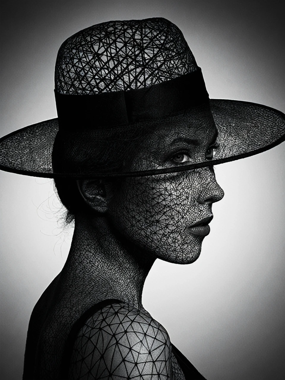 Mysterious silhouette woman with hat, Written byMinjae Lee, Kahn Griffiths, Emily Kyle, Steve McCurry, Geoffroy Torrens, Aaron Hawkey, Jordan Grimmer, Greg Rutkowski, Amazing depth, Double contact, Surreal, Geometric patterns, Complex details, Bokeh, Perfect balance, Deep and thin border, Artistic Photorealism , Smooth, A masterpiece from a fast engineering manager