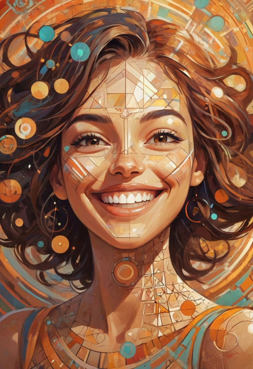 Abstract digital painting of a woman smiling happily, her face is made of radiant geometric objects, circles, squaret, and other intricate patterns and lines