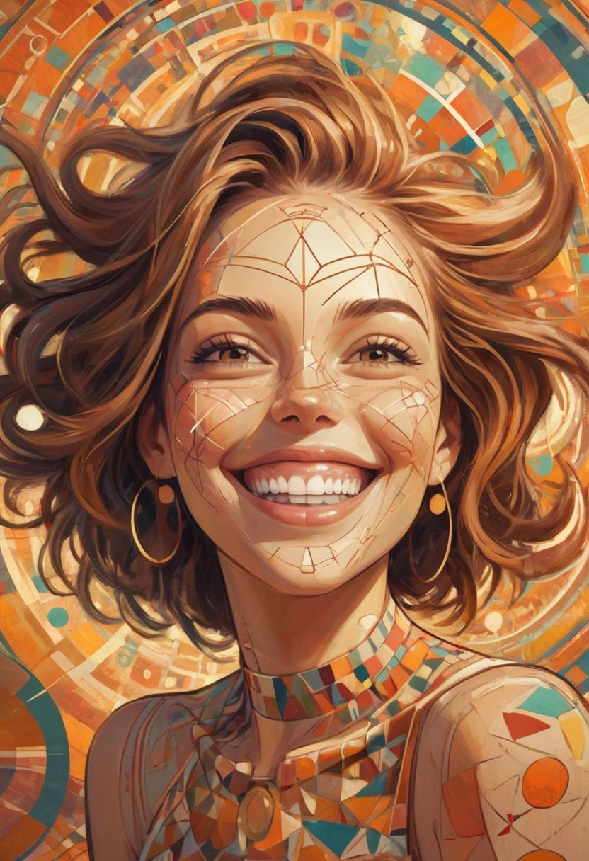Abstract digital painting of a woman smiling happily, her face is made of radiant geometric objects, circles, squaret, and other intricate patterns and lines