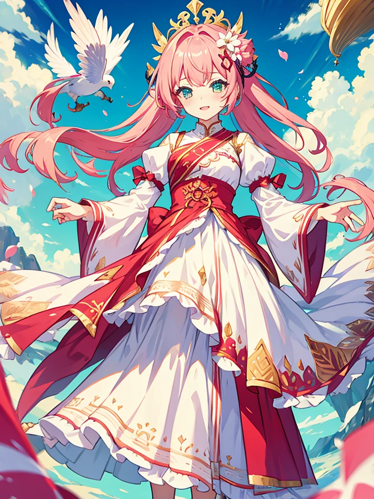 fantasy world girl with colorful hair, accessories, detailed clothes, pink hair, white and red clothes