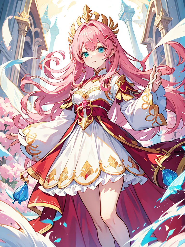 fantasy world girl with colorful hair, accessories, detailed clothes, pink hair, white and red clothes 