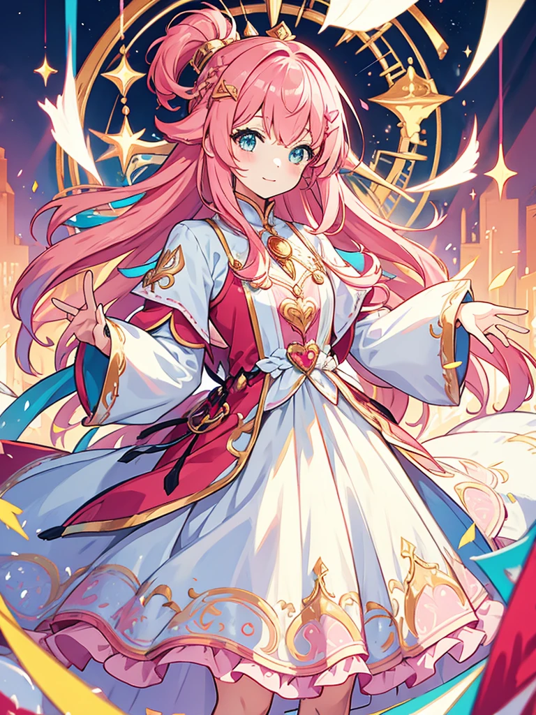 fantasy world girl with colorful hair, accessories, detailed clothes, pink hair, white and red clothes