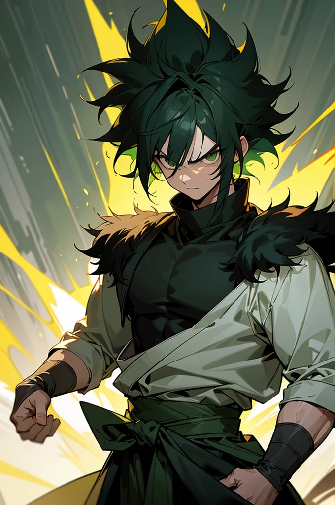 Black Hair , Messy Hair , Short Hair , Tight Longsleeve Black Shirt , Muscular , White Fur Trim Wrist-guards , Animal Pelt around waist , Forest Background , Serious Expression , Adult Male , Legendary Super Saiyan Hair , Bright Green Hair , Green Eyes , Angry Expression

