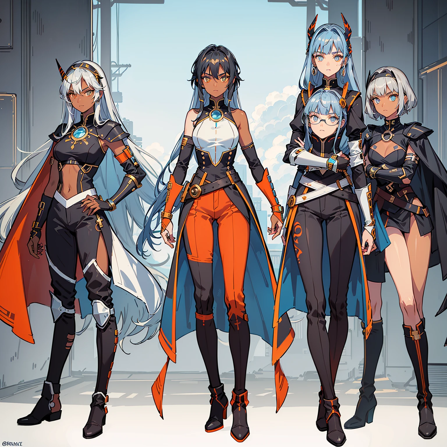 (((three characters))), female, (((dark skin)))), Black hair with ponytail, Light blue eyes, Round glasses with small dark lenses, This lens is orange, and Light Blue frame, ( ((Black metallic gauntlets and greaves with orange and silver details)), (((The clothes have a mix of modern and tribal)))), Having mainly black color, but having pieces of orange, Bare shoulders, On the hips , pants extending to mid-thigh in black.
