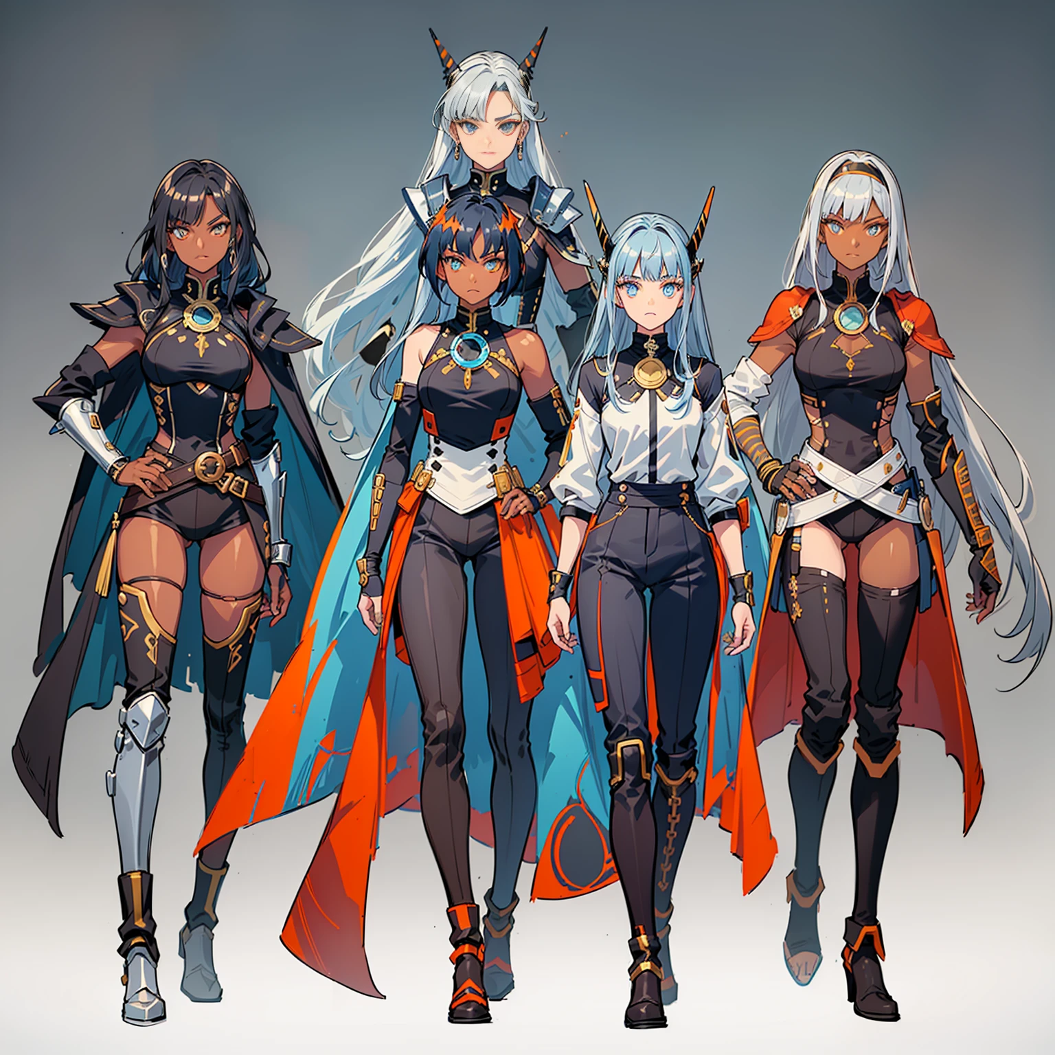 (((three characters))), female, (((dark skin)))), Black hair with ponytail, Light blue eyes, Round glasses with small dark lenses, This lens is orange, and Light Blue frame, ( ((Black metallic gauntlets and greaves with orange and silver details)), (((The clothes have a mix of modern and tribal)))), Having mainly black color, but having pieces of orange, Bare shoulders, On the hips , pants extending to mid-thigh in black.
