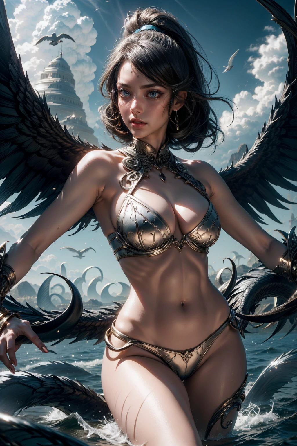 sexy siren woman with glasses, and white wings in the sky