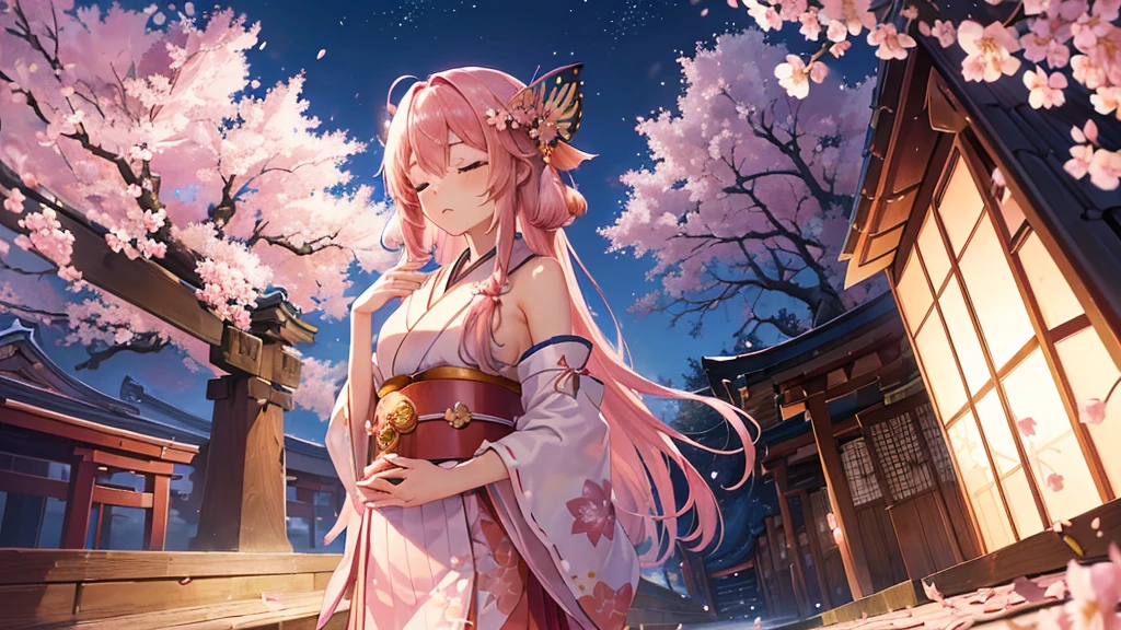 ((High resolution, bust up, pink hair, long hair, shrine maiden)) ((mystical, cherry blossoms, butterfly, night, Japanese style, shoulder, shining aura)) (closed eyes, prayer), moon, stars, spring
