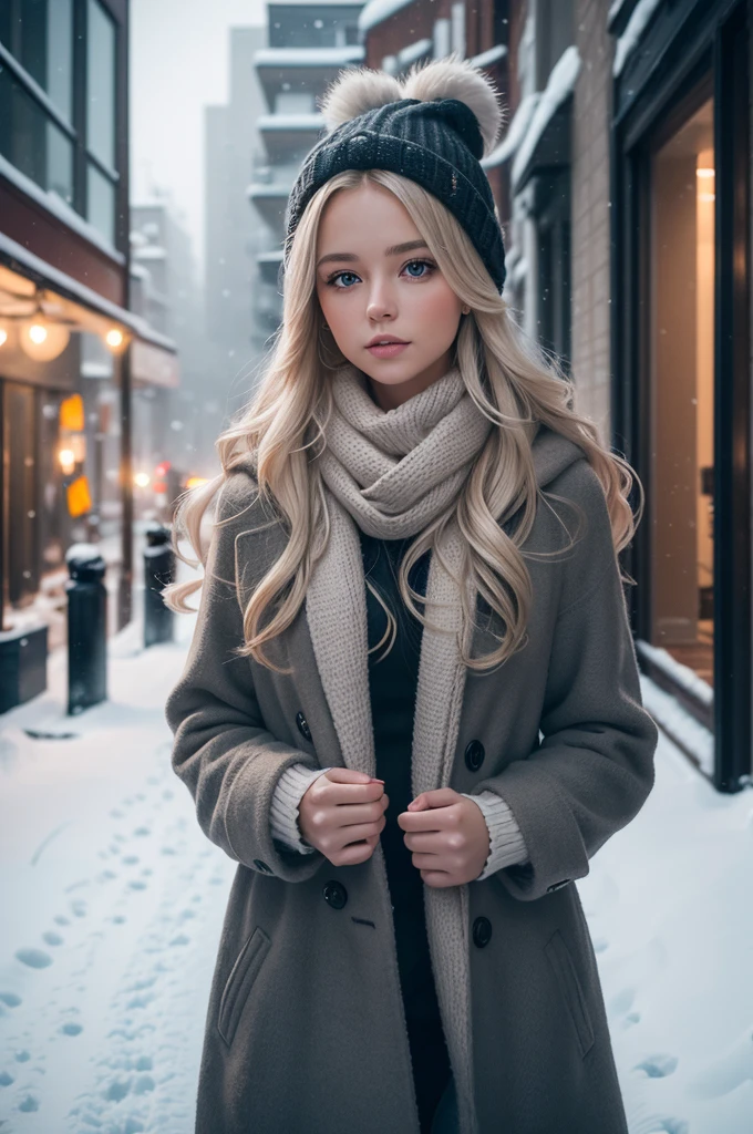 professional photography of a beautiful norwegian girl in winter clothes with long wavy blonde hair, sensual and seductive look, beautiful symmetrical face, beautiful natural makeup, wearing chic warm winter fashion clothing, ((standing outside on the snowy city street)), impressive modern urban environment, ultra realistic, conceptual artwork, chic, highy detailed, intricate, sharp focus, Depth of field, f/1. 8, 85 mm, medium shot, mid shot, (((professional color grading))), soft and bright diffused light, (Volumetric fog), Trends on Instagram, HD 4k, 8K