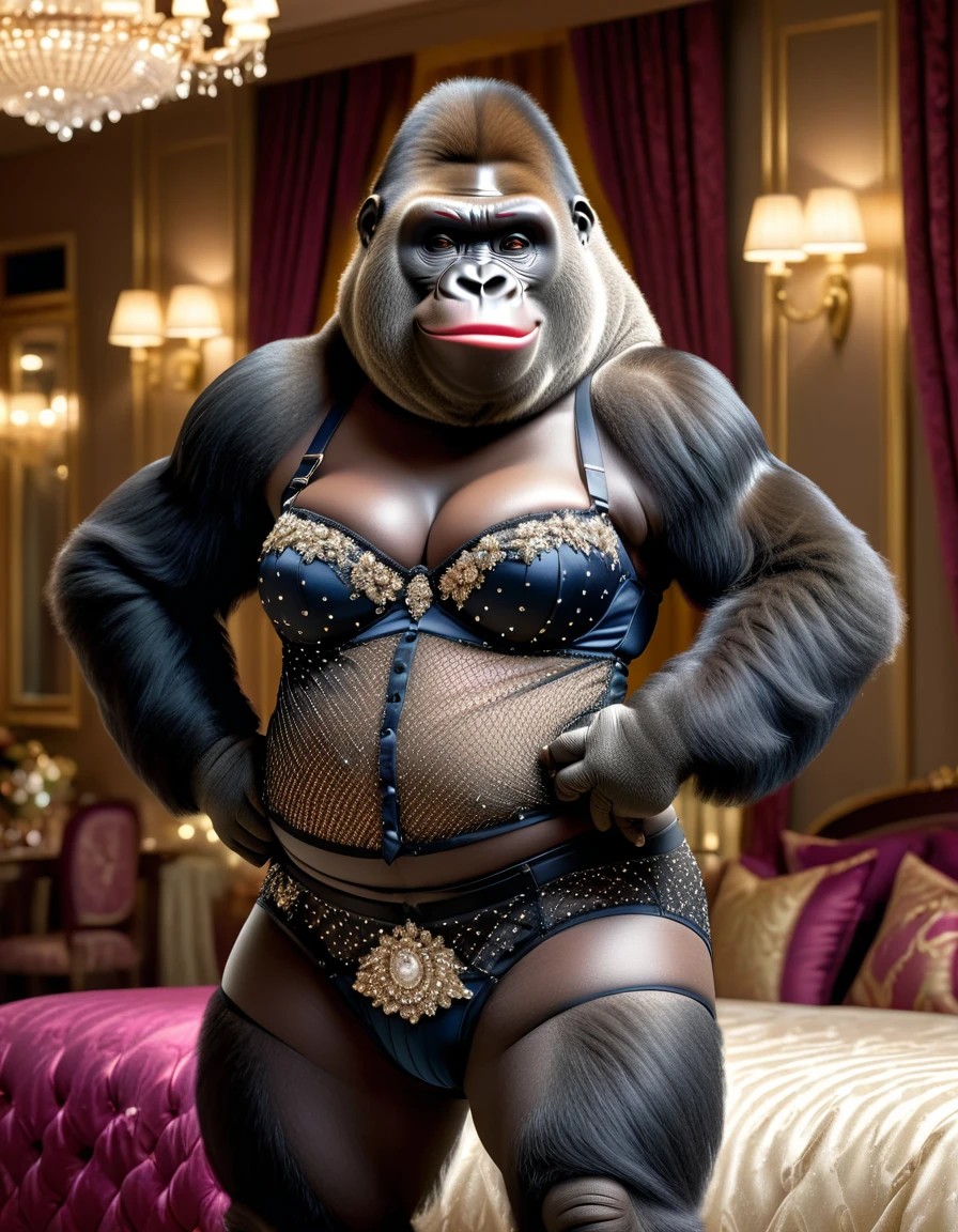 photorealistic portrait of Dressed animals-a ((fat)) cute (gorilla)) dancer,(), (elegant pose:1.5), (hands on hips:1.5),(smile:1.5),high quality,(happy),(lovely) ,intricate details, Wearing bustier, (), highly detailed ((bustier)) ,highly detailed decorations of clothes, Fishnet panty horse , (happy), soft lighting,(full body image:2.0),luxury hotel room background,(high heels),
