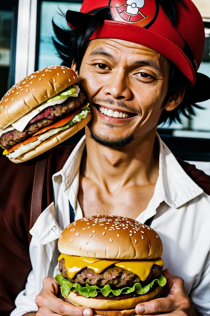 Luffy D monkey eating a Burger