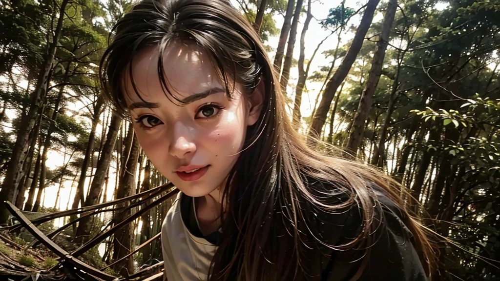 (1girl), Gorgeous and fantastic portrait, Printing possible, 8K,  (smoother lighting:1.05), (increase cinematic lighting quality:0.9), (detailed forest: 1.4), (bloom:1.1), looking down to viewer, deep eyes, glare eyes, (women play Drums), ((cinematic light)), (sadistic face), (detailed fire background of totally destroyed forest: 1.4)