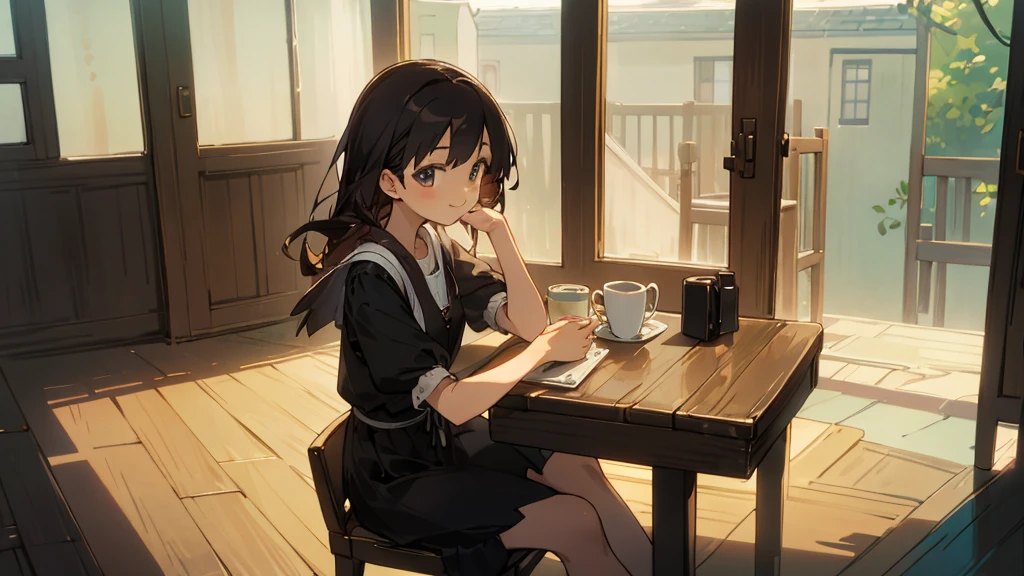 Stylish cafe、Anime Style、Freshly Brewed Coffee、Delicious looking baked goods、Relaxed atmosphere、Cozy atmosphere、Beautiful girl with dark hair sitting and drinking coffee、Wearing a dress、smile、Warm Light、avert your eyes、Ghibli style