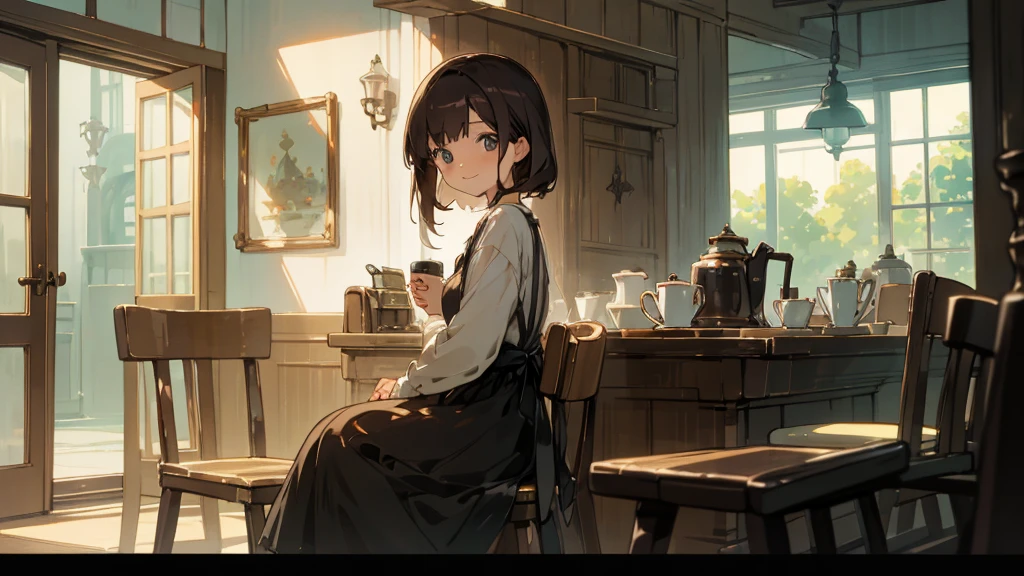 Stylish cafe、Anime Style、Freshly Brewed Coffee、Delicious looking baked goods、Relaxed atmosphere、Cozy atmosphere、Beautiful girl with dark hair sitting and drinking coffee、Wearing a dress、smile、Warm Light、avert your eyes、Ghibli style