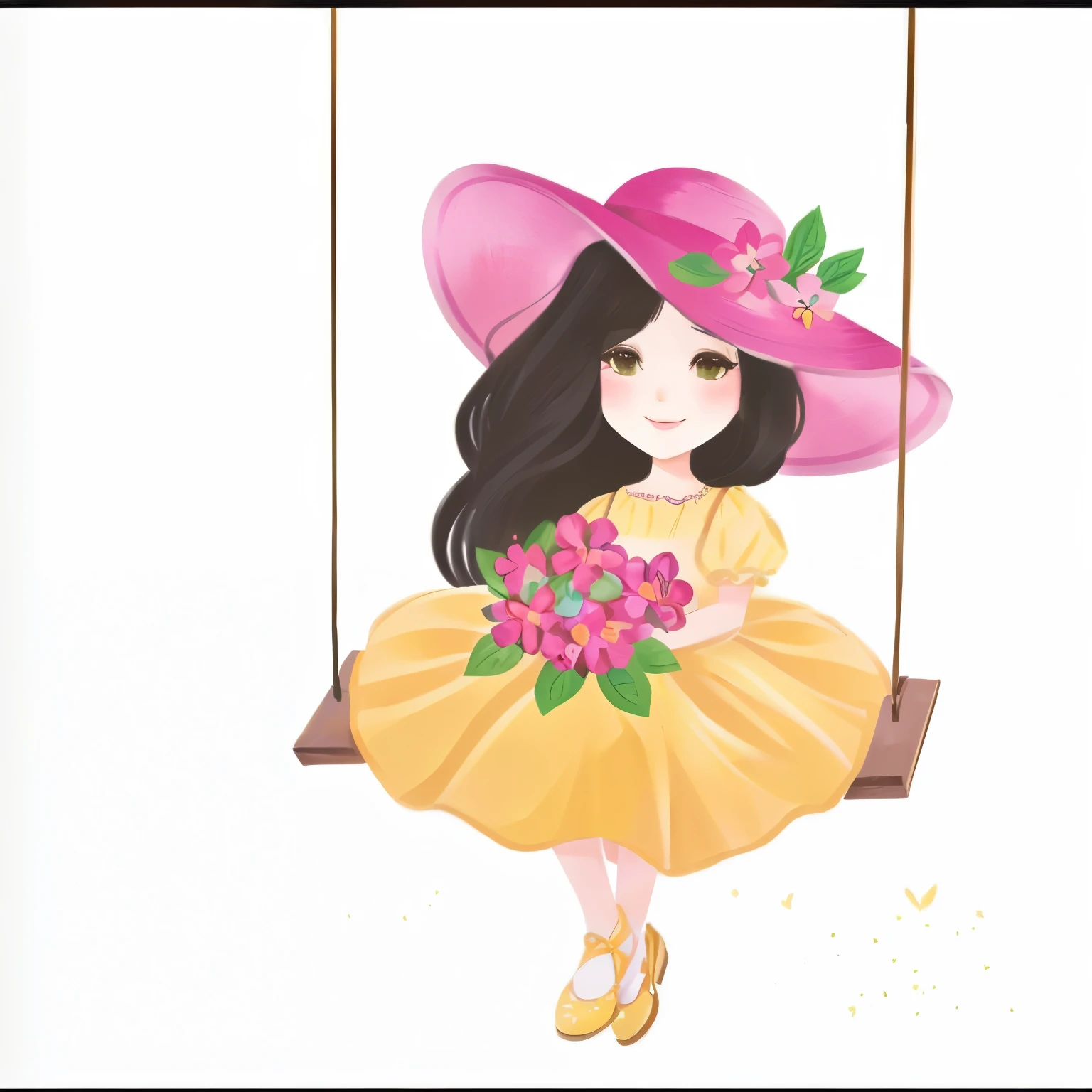 there is a girl in a yellow dress and a pink hat on a swing, illustrated in whimsical style, fluffy woman, Beautiful girl, cute digital art, art admirer, cute illustration de livro de histórias, cute art style, official art admirer, cute illustration, cartoon style illustration, by Maria Anjo, made with illustrator, elegant girl, book illustration , cute art, added detail