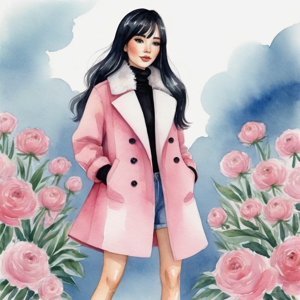 A watercolor illustration, kawaii illustration, chibi .Anime STYLE, of a beautiful woman with LONG STRAIGHT black hair standing against a light background, she is holding a bouquet of flowers, The woman is 25 years old, she is wearing a long PINK coat , WHITE turtleneck, denim shorts and black sandals. The coat has large pockets and a raised collar. She extending it beyond her shoulders. by Kathrin Honesta, Lisi Martin ,Jessica Roux and Helen Dardik