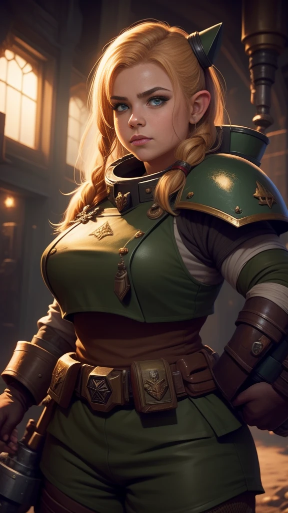 (high-angle shot), warhammer 40k imperial guardsman, ((female dwarf)). blonde hair, bare hand, hobbit, hafling, pants, (green bulletproof vest), ((large nose)), large expressive eyes, ((in a rusty spaceship)), chubby face, (eye black), black paint under eyes, dirty, holding a (large portion of food)