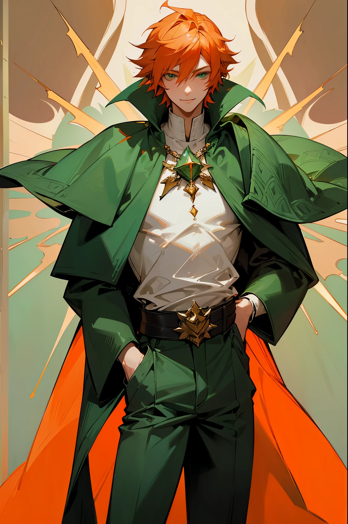 Put your hands in your pockets., I stand up, Final Fantasy, king ,man, Orange Hair, Emerald eyes, fantasy, handsome ,Talk a lot, middle ages, Shoot me. ,smile, armature, Chad, father, an emperor