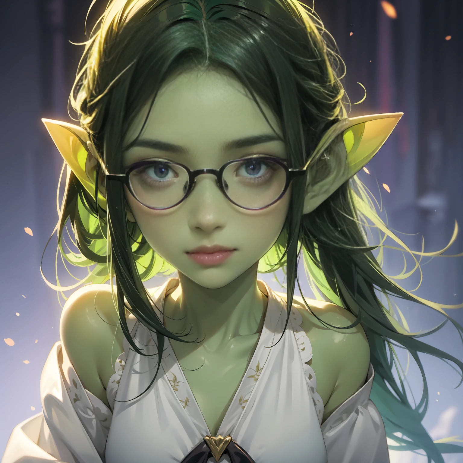 intricate details, tonemapping, sharp focus, hyper detailed, trending on Artstation, Masterpiece, absurdrez, amazing detail, 4k, perfect face, symmetrical, small ears, headshot of a 3 foot tall green goblin girl, wearing white blouse, very shy, (((black glasses))), (green skin), short dark green hair, purple eyes, detailed eyes, focus on eyes