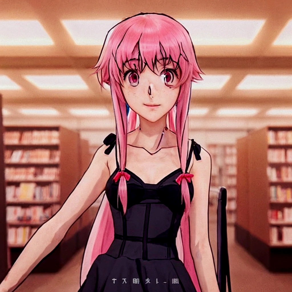 anime girl with pink hair and black dress in library, mirai nikki, in an anime style, as an anime character, in anime style, gasai yuno, an anime girl, anime moe artstyle, anime style like mirai nikki, inspired by gasai yuno, anime girl wearing a black dress, anime character, yandere. tall, anime girl named gasai yuno