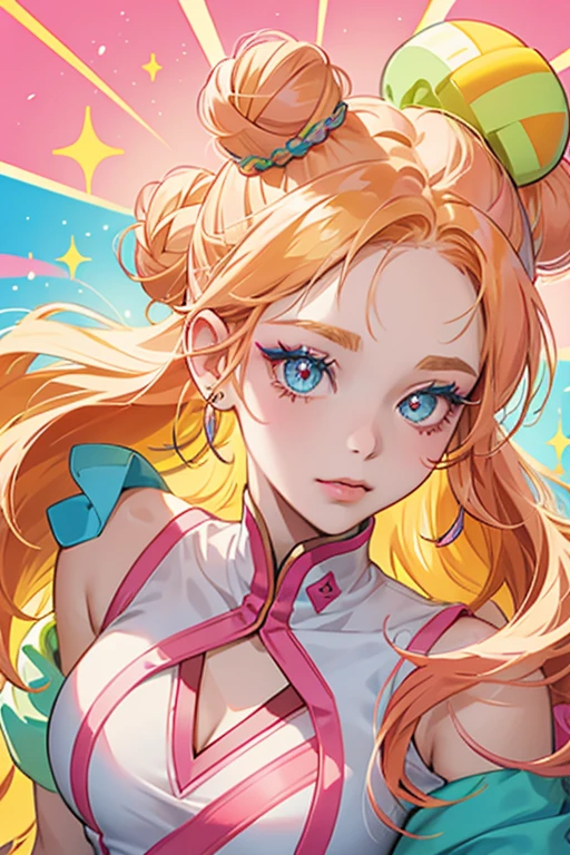 Bun E.D.M. is a yellow girl bunny. She has neon pink and orange hair in two roller buns and bangs, and her ears poke up through her hair. She has yellow eye shadow and four dots on her forehead which are blue and pink.  SPARKLE; GLITTER