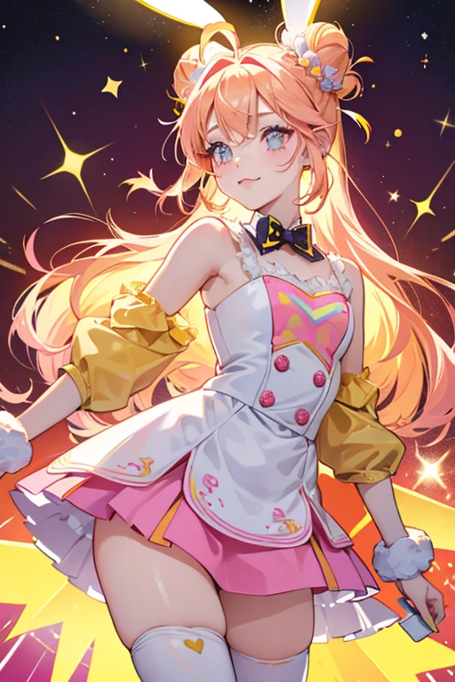 A Coral pink girl Num with a winking eye and a slanted mouth, she has glitter all over herself. She has rabbit ears with one topped with orange cream. She wears a bright yellow bow. SPARKLE; GLITTER