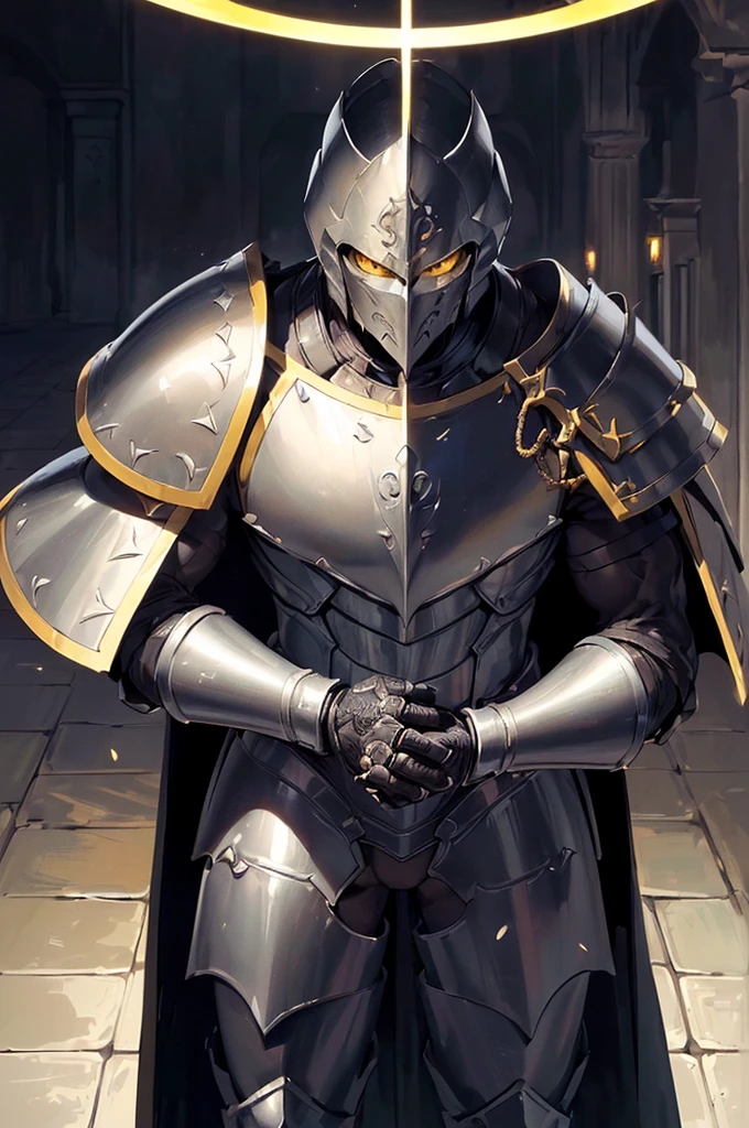 (masterpiece; best quality: 1.2), (finely detailed eyes: 1.3), ((full armored knight man)), ((solo)), (yellow eyes: 1.4), (body; muscular, toned, masculine: 1.3), (very short black hair: 1.3), (beautiful and clear background: 1.2), ((depth of field)), (equipment: all-black full plate medieval armor + long black cape: 1.3), (anime illustration: 1.2), (background composition; fantasy castle corridor + furniture: 1.1), (extremely fine and handsome: 1.1), (shot composition; standing + centered on torso + close-up: 1.5), (expression; calm, stoic: 1.2)