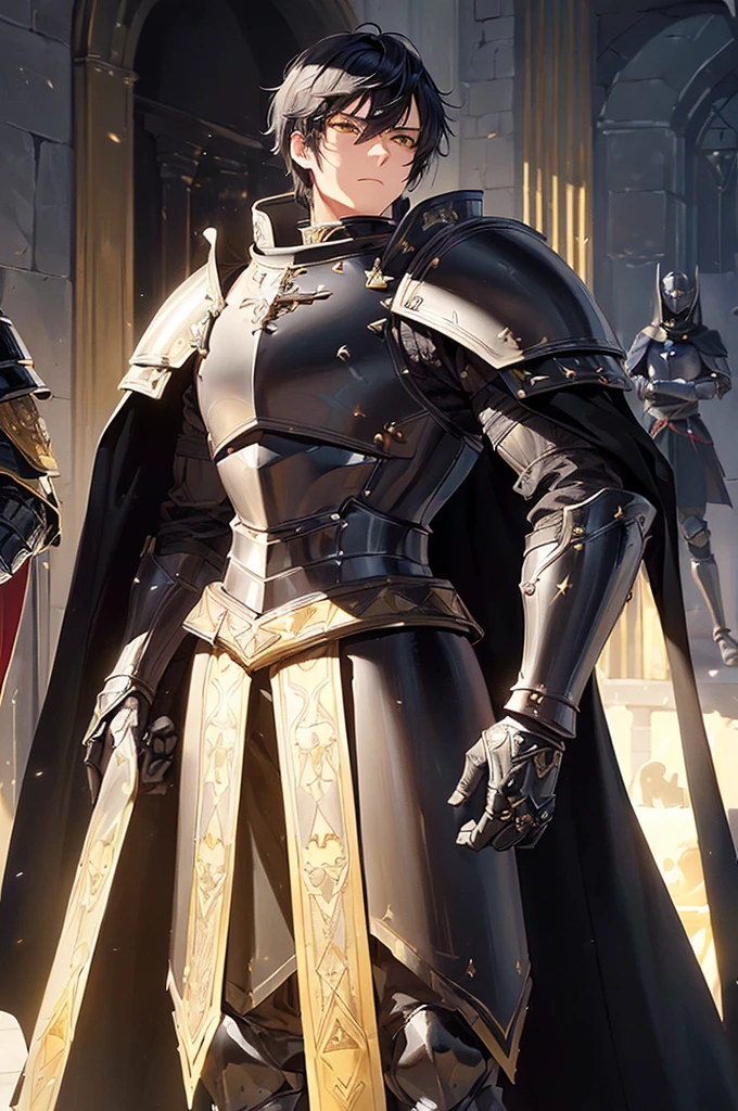 (masterpiece; best quality: 1.2), (finely detailed eyes: 1.3), ((full armored knight man)), ((solo)), (yellow eyes: 1.4), (body; muscular, toned, masculine: 1.3), (very short black hair: 1.3), (beautiful and clear background: 1.2), ((depth of field)), (equipment: all-black full plate medieval armor + long black cape: 1.3), (anime illustration: 1.2), (background composition; fantasy castle corridor + furniture: 1.1), (extremely fine and handsome: 1.1), (shot composition; standing + centered on torso + close-up: 1.5), (expression; calm, stoic: 1.2)