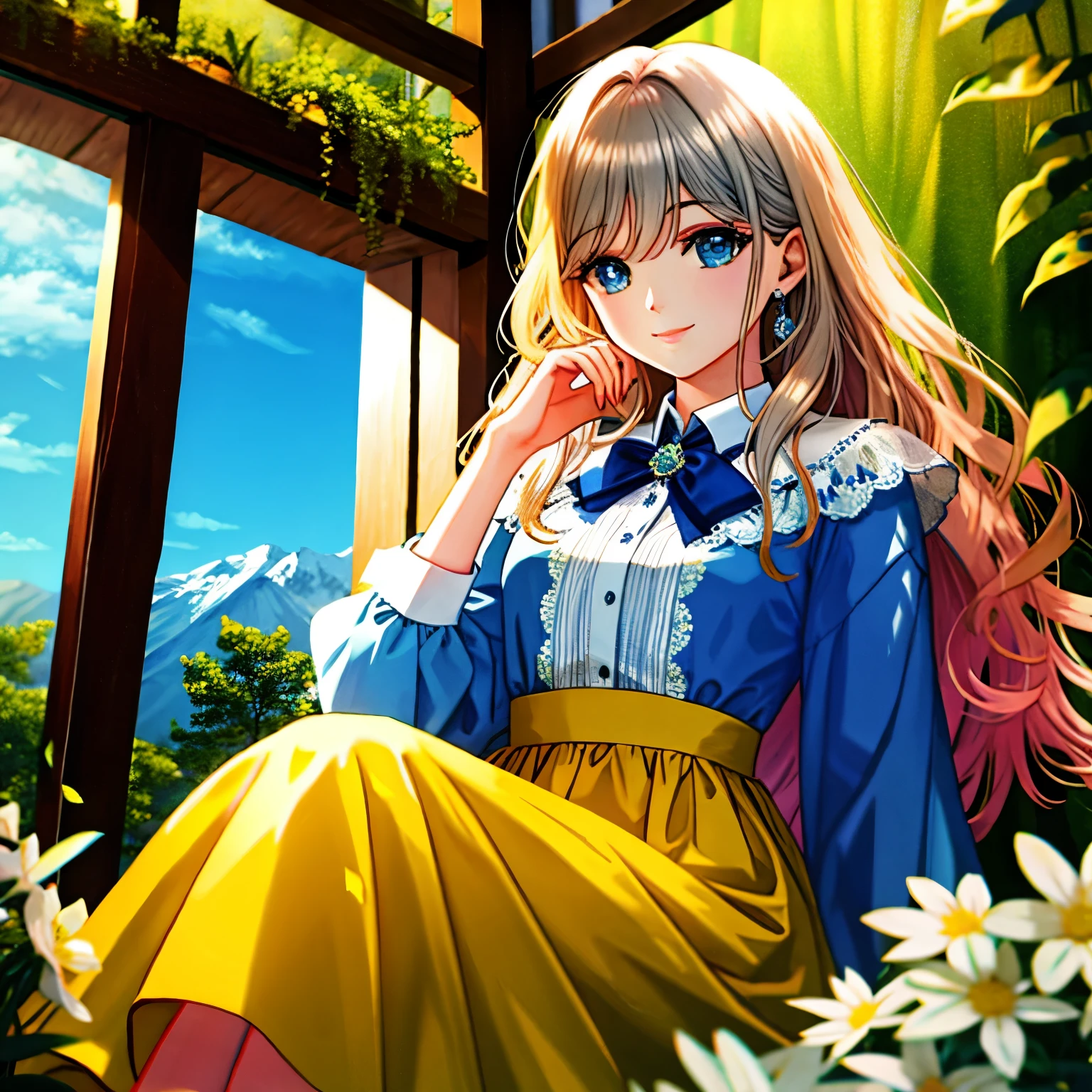 Illustration Enhancement: (masterpiece, best quality), (ultra-detailed), super high resolution, (Top Quality photorealistic Illustration), (Super Definition), (cute illustration:1.3), (high Saturation:1.2), detailed beautiful face and eyes, (an extremely delicate and beautiful), (nice hands, perfect hands), (appropriate posture), (appropriate configuration), ideal ratio body proportions BREAK
Theme: Stability and Perfection, Realism and Stability World Order BREAK
Number of Characters: 1 (ultra-ultimate beautiful) BREAK
Facial Details: Smiling, an expression overflowing with kindness, eyes are bright blue symbolizing hope BREAK
Movement Details: Gentle gestures, providing a sense of security to those around BREAK
Emotions and Expressions: Peace and joy, inner beauty reflected outwardly BREAK
Perspective: Frontal view, approachability and openness BREAK
Composition: Character centered, harmonizing with nature BREAK
Background Details: Blue sky and lush meadows, mountains in the distance BREAK
Costume Details: Elegant dress, light colors for a sense of purity BREAK
Body Type: Well-proportioned, healthy beauty BREAK
Hair Style and Color: Long flowing blonde hair, shining in natural light BREAK
Accessories: Book and bouquet, symbolizing love for knowledge and nature BREAK
Light and Shadow: Soft sunlight, gently illuminating the character BREAK
Color Scheme: Gold, blue, green, light blue, yellow, silver, deep red, pink, wine red, dark brown, light purple BREAK
Illustration Size: 768x768 BREAK
Illustration Atmosphere: Warm and welcoming BREAK
Other: Character smiling towards the reader BREAK
Worldview: A peaceful world where reality and ideals merge BREAK
Style: Photorealistic yet idealistic BREAK
Power Words: Peace, prosperity, happiness BREAK
Image Quality: Highest quality, photorealistic, hyper-real, ultra-detailed illustration BREAK
Specialized Type: absurdres, highest quality, photorealistic, hyper-real, ultra-detailed illustration BREAK
Versatile Type: Golden ratio