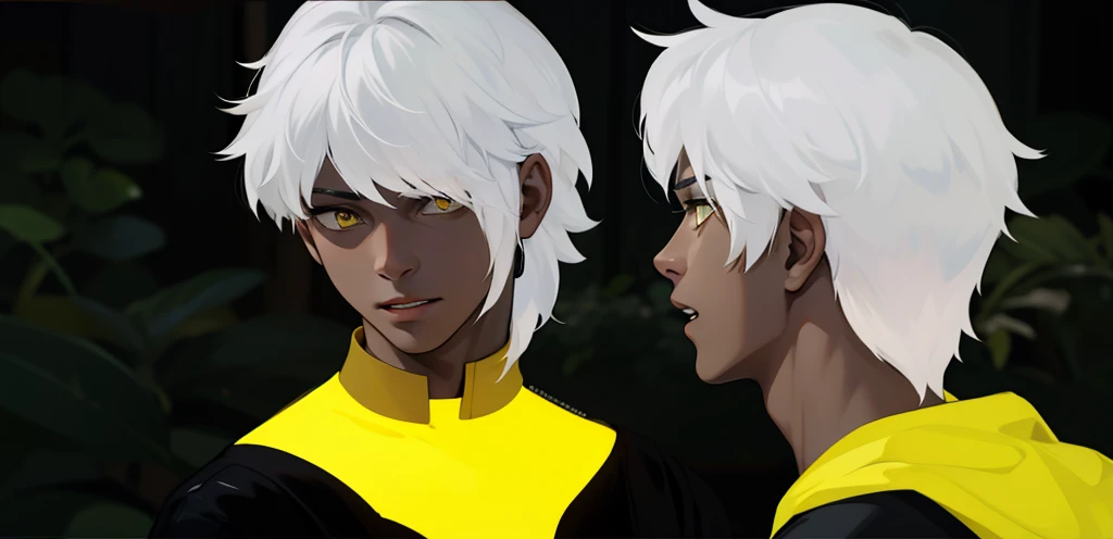 He is with his mouth open talking to someone white hair yellow eyes 18 years old black clothes