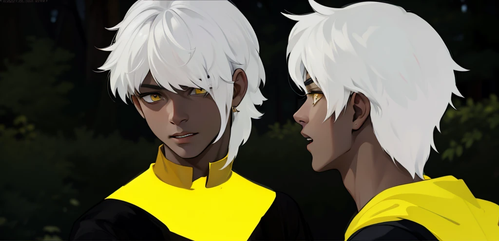 He is with his mouth open talking to someone white hair yellow eyes 18 years old black clothes
