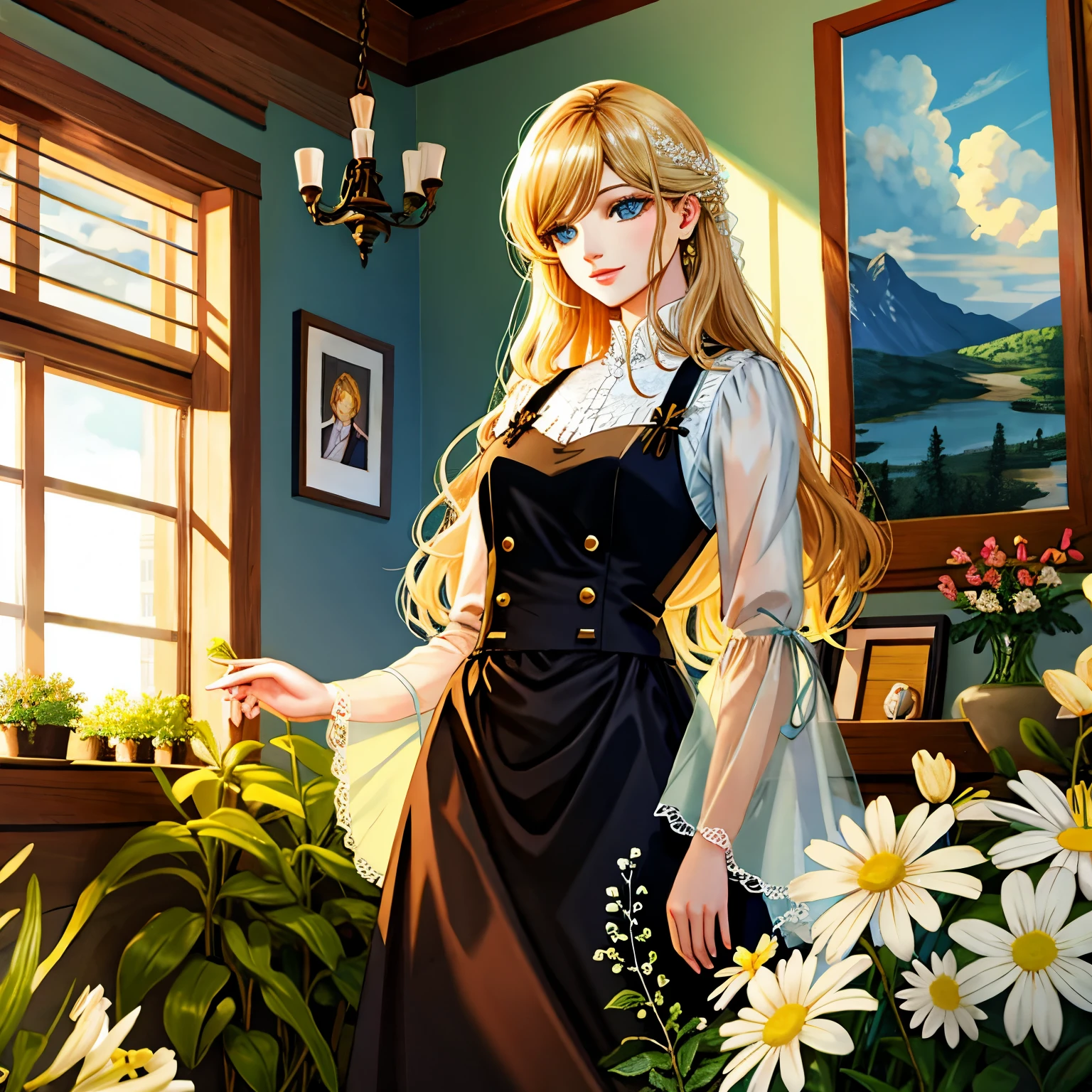 Illustration Enhancement: (masterpiece, best quality), (ultra-detailed), super high resolution, (Top Quality photorealistic Illustration), (Super Definition), (cute illustration:1.3), (high Saturation:1.2), detailed beautiful face and eyes, (an extremely delicate and beautiful), (nice hands, perfect hands), (appropriate posture), (appropriate configuration), ideal ratio body proportions BREAK
Theme: Stability and Perfection, Realism and Stability World Order BREAK
Number of Characters: 1 (ultra-ultimate beautiful) BREAK
Facial Details: Smiling, an expression overflowing with kindness, eyes are bright blue symbolizing hope BREAK
Movement Details: Gentle gestures, providing a sense of security to those around BREAK
Emotions and Expressions: Peace and joy, inner beauty reflected outwardly BREAK
Perspective: Frontal view, approachability and openness BREAK
Composition: Character centered, harmonizing with nature BREAK
Background Details: Blue sky and lush meadows, mountains in the distance BREAK
Costume Details: Elegant dress, light colors for a sense of purity BREAK
Body Type: Well-proportioned, healthy beauty BREAK
Hair Style and Color: Long flowing blonde hair, shining in natural light BREAK
Accessories: Book and bouquet, symbolizing love for knowledge and nature BREAK
Light and Shadow: Soft sunlight, gently illuminating the character BREAK
Color Scheme: Gold, blue, green, light blue, yellow, silver, deep red, pink, wine red, dark brown, light purple BREAK
Illustration Size: 768x768 BREAK
Illustration Atmosphere: Warm and welcoming BREAK
Other: Character smiling towards the reader BREAK
Worldview: A peaceful world where reality and ideals merge BREAK
Style: Photorealistic yet idealistic BREAK
Power Words: Peace, prosperity, happiness BREAK
Image Quality: Highest quality, photorealistic, hyper-real, ultra-detailed illustration BREAK
Specialized Type: absurdres, highest quality, photorealistic, hyper-real, ultra-detailed illustration BREAK
Versatile Type: Golden ratio