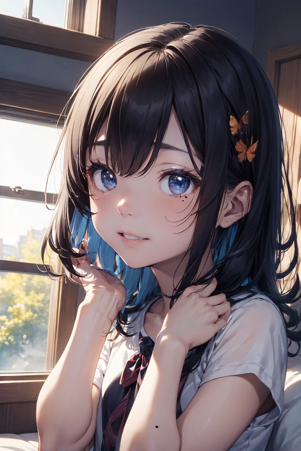 (Nasty looking girl:1.1)、(Daytime:1.5)、(Chest and:1.4)、RAW Photos, Highest quality, High resolution, (masterpiece), (Photorealistic:1.4), (Mole under the eye),Anime Cosplay, Sharp focus, Hmph, 8K resolution, Intricate details, Written boundary depth, Very detailed CG Unity 8k 壁紙, With front light, woman,Age 25、 His lips are smiling、(Tying up hair:1.5)、(Pink medium short hair)、(pajamas:1.3)、blue eyes,(Lying in bed:1.5)、(Blue sky seen from the window:1.3)、(Description of the whole body)、(full moon:1.2)、(shooting star:0.9)、(nebula:1.3)、Distant Mountain、Treebreak Production Art、(Warm color Light Source:1.2)、(Firefly:1.2)、lamp shade、Purple and Orange、Intricate details、Volumetric lighting、Realism BREAK (masterpiece:1.2)、(Highest quality)、4K、Very detailed、(Practice Structure:1.4)、Extremely detailed and colorful、(Rainbow colors:1.2)、(Shining Lights、Atmospheric lighting)、dream-like、magic
