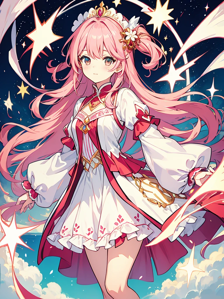 fantasy world girl with colorful hair, accessories, detailed clothes, pink hair, white and red clothes, short dress