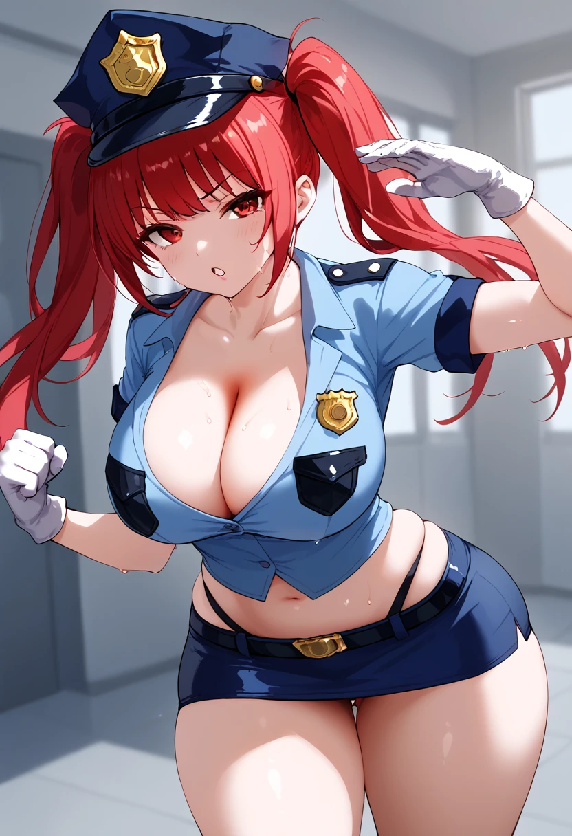 twintails, red eyes, micro pencil skirt, police shirt, cleavage, breasts, sweating, thighs,thicc, curvy body, white gloves, police cap, standing, dynamic pose