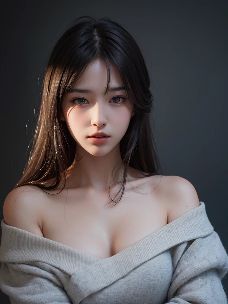 best quality, masterpiece, Ultra-high resolution, (Reality:1.5), RAW photos, 1 Girl, Off-shoulder, in the darkness, Deep Shadows, Low profile, Cold Light, Sexy look, Upper Body