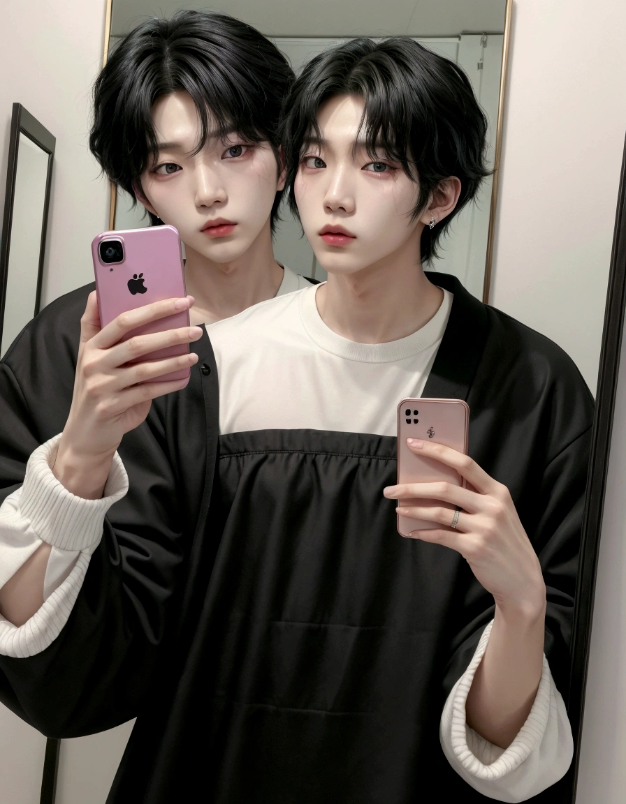There's a man taking a selfie in a mirror with his cell phone, Kim colorhyung, lean face, color, Ulzzang spacious, colorhyung, V do bts, hyung tae, cute japanese demon boy, south korean man, cai xukun, colorhyung do BTS Shin aesthetic, Asian Male