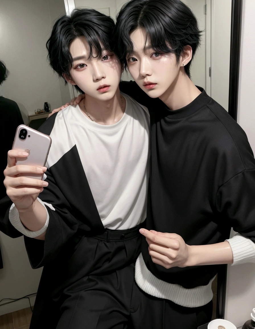 There's a man taking a selfie in a mirror with his cell phone, Kim colorhyung, lean face, color, Ulzzang spacious, colorhyung, V do bts, hyung tae, cute japanese demon boy, south korean man, cai xukun, colorhyung do BTS Shin aesthetic, Asian Male