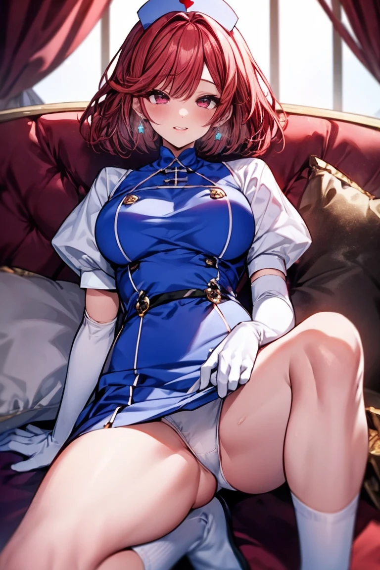 Bonfire, Red eyes ,lipstick, Blue eyeshadow, One Girl, alone, , Earrings ,Show Viewer, blush, , long white elbow satin gloves, , nurse's uniform, jewelry, very, A kind smile, Long white elbow gloves, White gloves, 、whole body、Muscles of a man、y、Knee-high socks、Spread your legs。