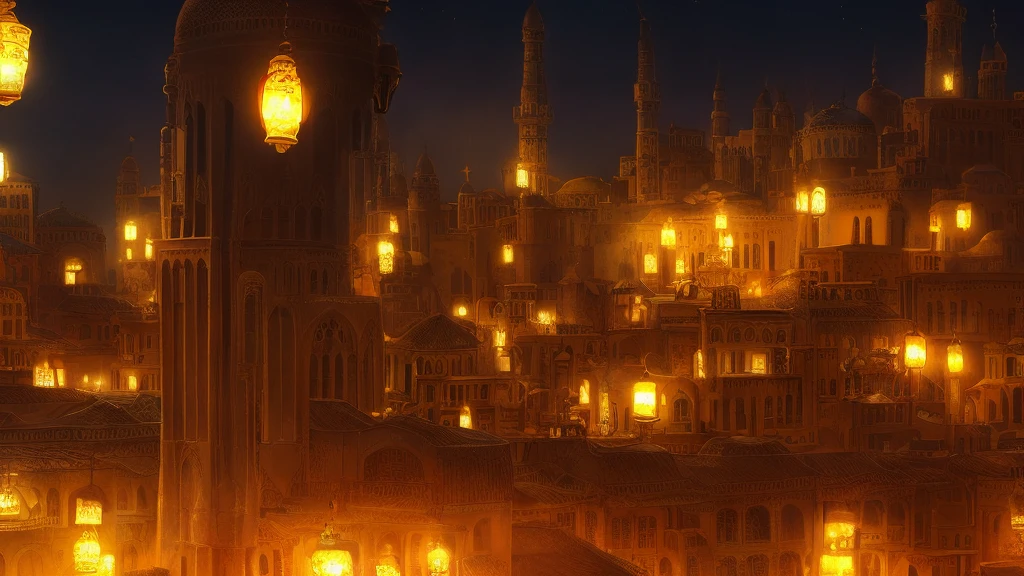 a magical arabian lamp, an ancient arabic town, arabian nights, a mystical genie, detailed ornate architecture, intricate patterns, warm glowing lights, rich colors, dramatic lighting, ethereal atmosphere, detailed intricate details, high quality, 8k, photorealistic, cinematic, concept art style