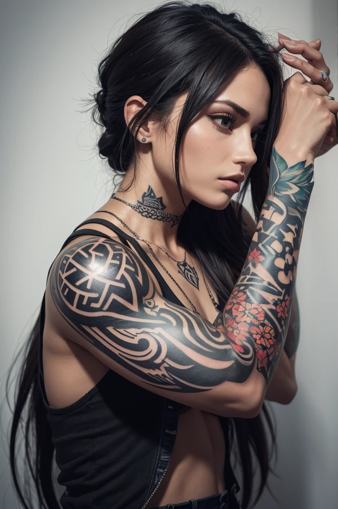Create a hyper detailed photograph of a tattooed muscular young sexy kaiju , Stunningly perfect gorgeous feminine face, perfect makeup, detailed vibrant neon sapphire eyes, long hair, big beautiful muscular legs, big beautiful muscular arms, big back muscles, perfect body, muscular abs, detailed silky smooth skin, large natural breast, big round ass, nude, thong
