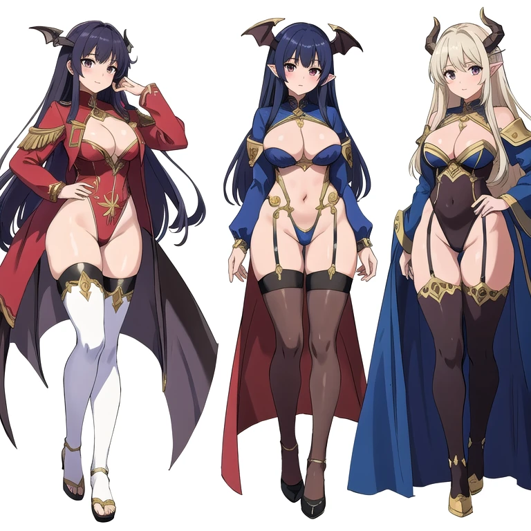 masterpiece, best quality, 3 girls, variety of hairstyles, high fantasy costume, ((white background)), full body, multiple views, succubus, dragon horn, cleavage, thong leotard, thigh high, long sleeves, cropped jacket,
