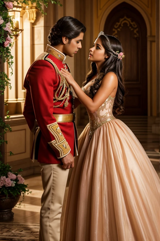 full body, fantasy illustration of a tanned Latina princess with brown eyes, princess in peach dress, princess wearing peach colored, princess has brown eyes, prince has hazel-green eyes, prince with hazel-green eyes, princess with black hair, black-haired princess, prince wearing red, prince with light brown hair, ethereal, detailed background, highres, romantic, realism, love, intricate details, magical atmosphere, kissing, romantic couple, fantasy, elegant, royal