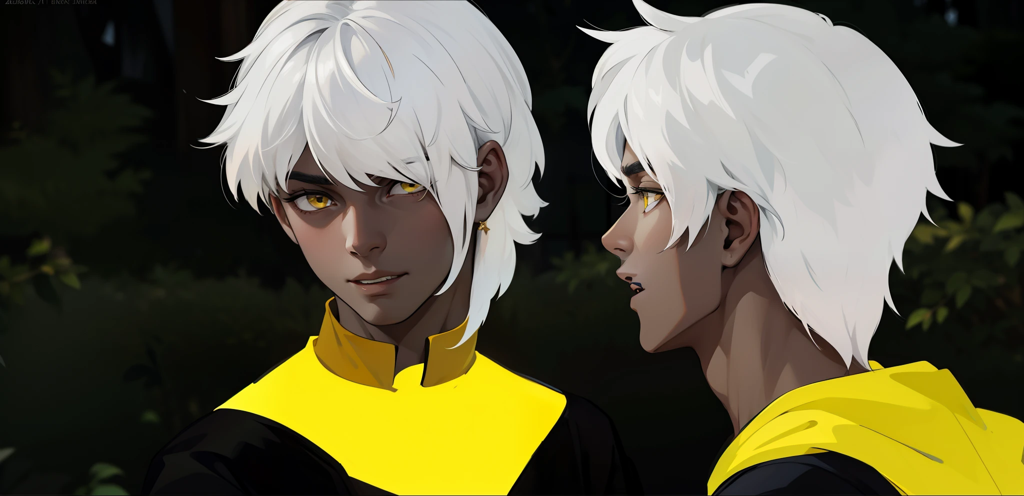 He is with his mouth open talking to someone white hair yellow eyes 18 years old black clothes