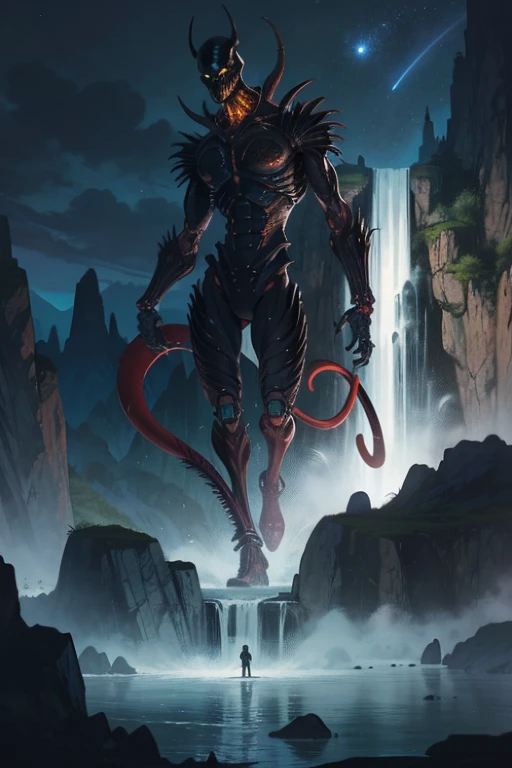 Beautiful Female Xenomorph, style photorealistic, creature, Sci-fi, tenebrosa, elegant texture, shiny exoskeleton, biomechanical design, elongated head, elongated jaw, sharped teeth, piercing black eyes, slenderbody, Biomechanical tail, translucent membrane, mysterious atmosphere, lush alien landscape, vibrant flora, mysterious rock formations, atmospheric lighting, cascading waterfalls, ethereal haze, Distant alien sky, captivating celestial bodies