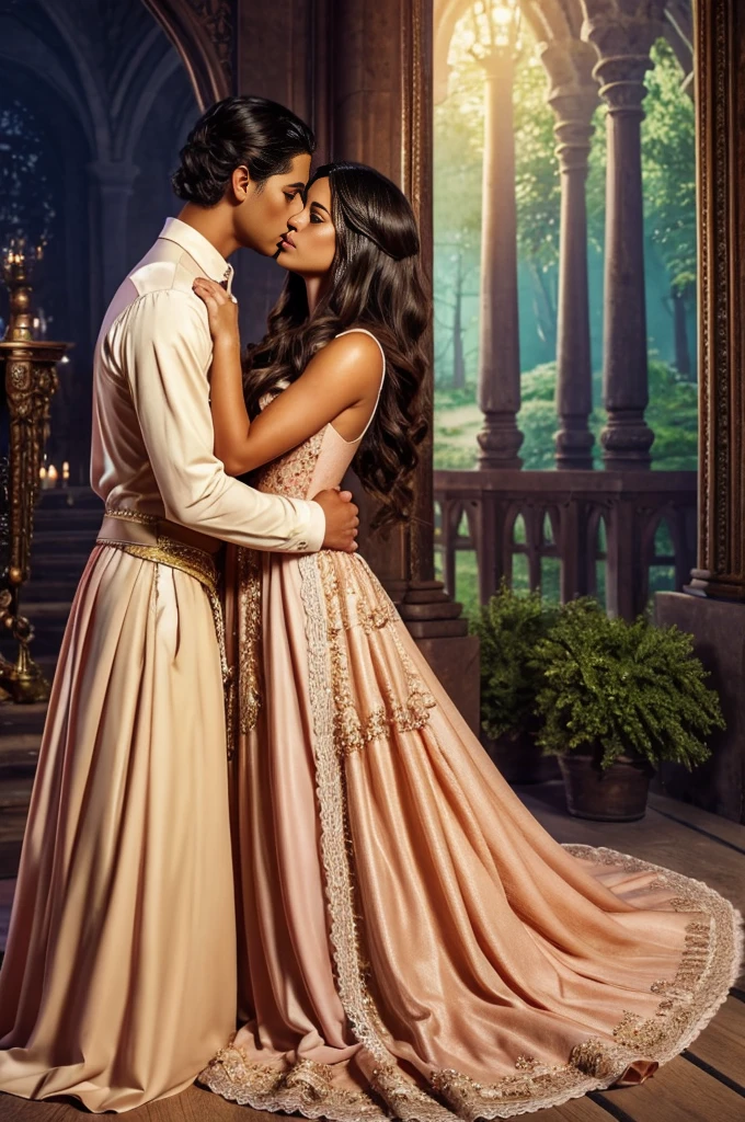 full body, fantasy illustration of a tanned Latina princess with brown eyes, princess in peach dress, princess wearing peach colored, princess has brown eyes, prince has hazel-green eyes, prince with hazel-green eyes, princess with black hair, black-haired princess, prince wearing red, prince with light brown hair, ethereal, detailed background, highres, romantic, realism, love, intricate details, magical atmosphere, kissing, romantic couple, fantasy, elegant, royal