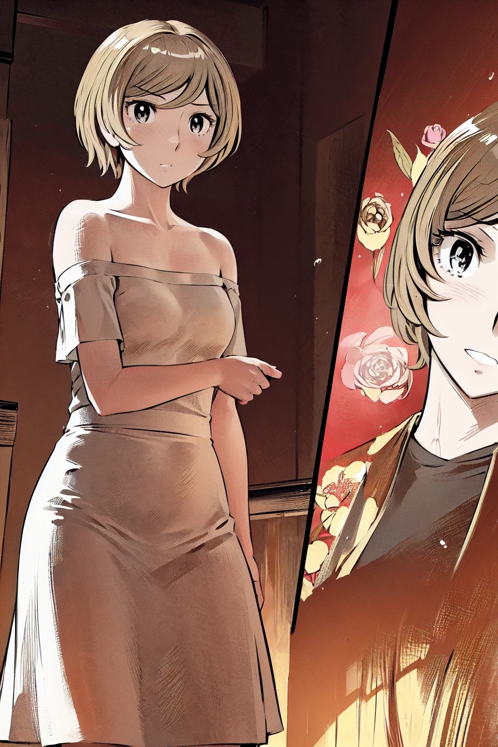 、(masterpiece、Highest quality)、Highest quality, Ultra-high resolution, (((masterpiece))), alone, Sweat、Big eyes,Show Viewer,
blonde,(short hair:1.2), (Highest quality:1.3),One Girl,Private Server、Floral dress、nature、Off the shoulder、Embarrassed face