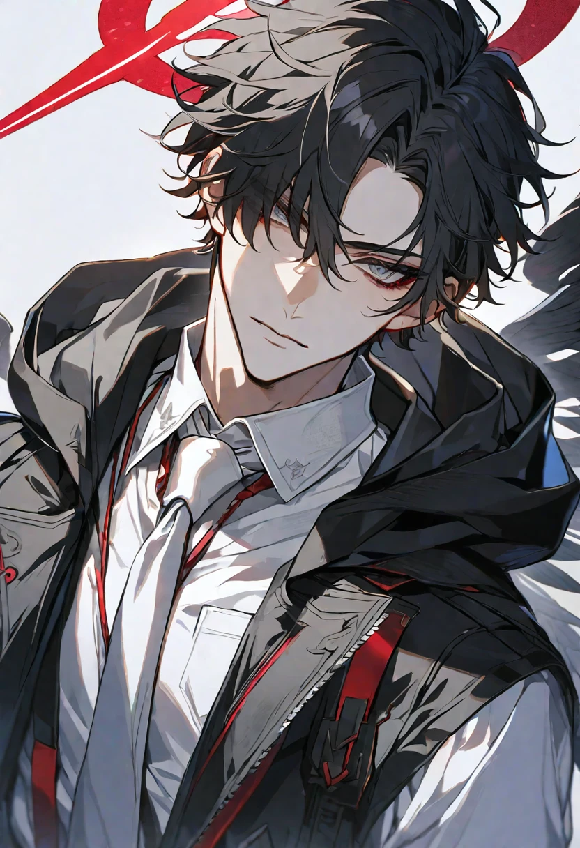 solo, handsome, 1 male, short hair, black hair and white color hair, pale eyes, white shirt, white tie, black hood, black wings, red halo
