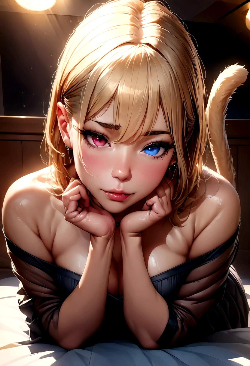 Best Quality, Masterpiece, ultra high resolution, (photorealistic: 1.4), photo and gross, 3 girl, off the shoulder, cinematic lighting, kissing positions, heterochromia,cats ear , Cat&#39;s tail 