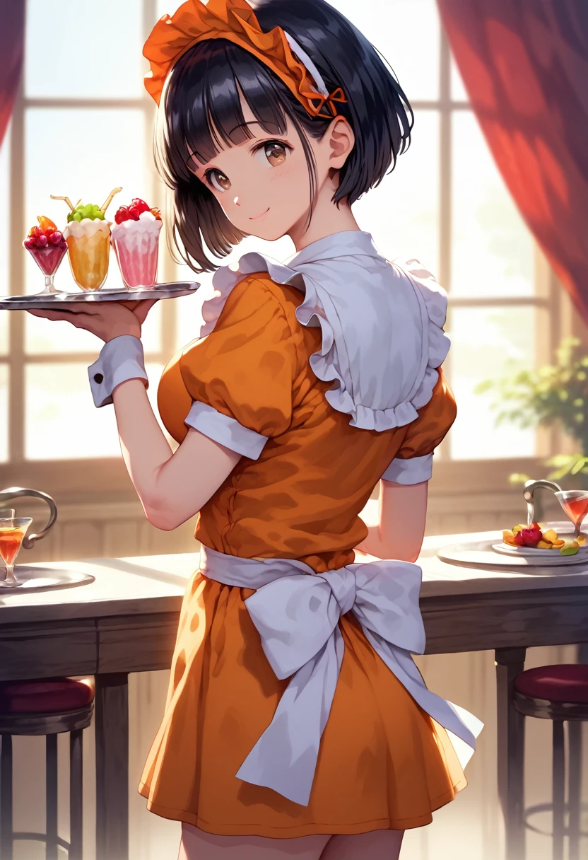 score_9,score_8_up,score_7_up,masterpiece,best quality, source anime, realistic, super detailed, extreme detailed, rating_safe,
1girl, solo, 22yo, short hair, bob cut, (blunt bangs), black hair, (tareme, detailed cute brown eyes), curled eyelashes, (large breasts:0.9), 
shiny hair, beautiful detailed eyes, beautiful face,
slender, small ass, slim legs,
waitress, frilled waitress uniform, orange uniform, headdress, holding tray, Fruit parfait on tray, looking back viewer, smile, cowboy shot, 
at modern cafe, Calm mood lighting